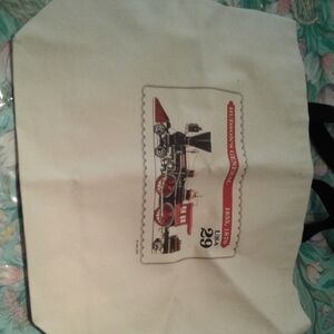 Vintage Train Stamp Canvas Tote Bag - Cream & Red Graphic
